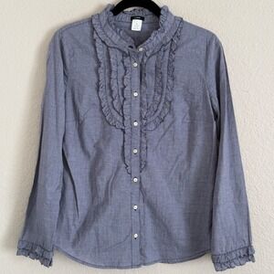 J Crew Womens Medium Navy Gingham Ruffle Victorian Poet Preppy Cottage Beach